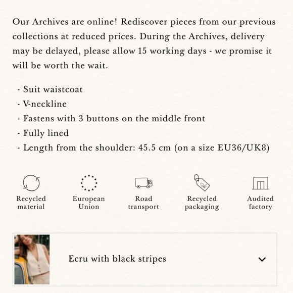 Sezane Drea Vest in Ecru with Black Stripes NWT, size 10 - Picture 7 of 15